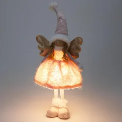 Ange de Noël lumineux à piles (H50 cm) Gladys robe Rose