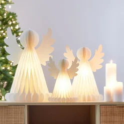 Ange lumineux à piles 6 LED (H28 cm) Papier fermeture magnétique Blanc