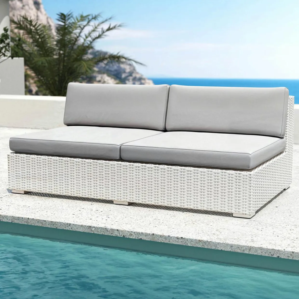 Chauffeuse de jardin en résine tressée 2 places Palma Blanc et gris