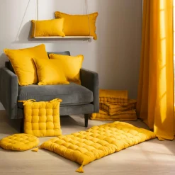 Coussin carré coton (45 x 45 cm) Pixel franges Jaune moutarde
