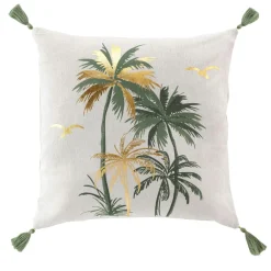 Coussin carré coton pompons (45 x 45 cm) Papeete Vert sauge