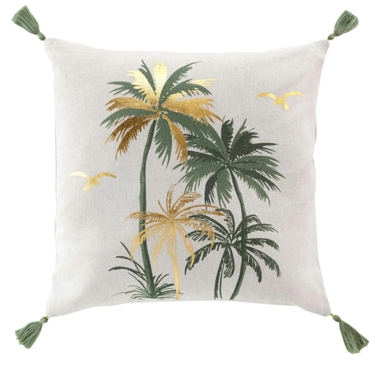 Coussin carré coton pompons (45 x 45 cm) Papeete Vert sauge