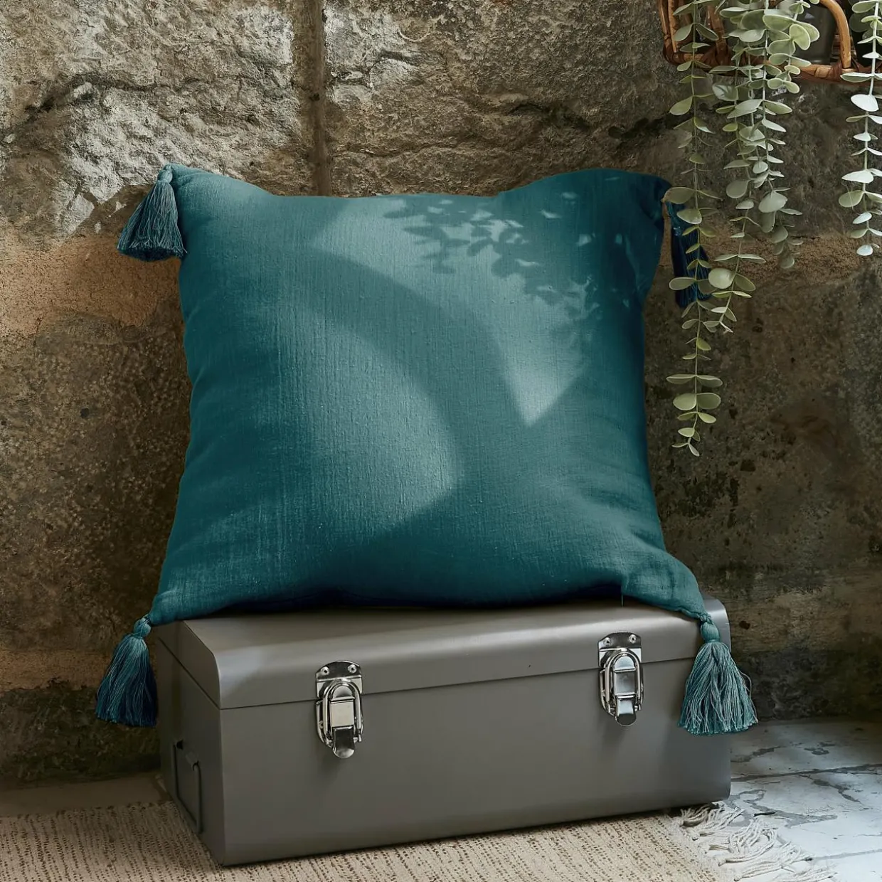 Coussin carré gaze de coton (40 x 40 cm) Gaïa Bleu canard