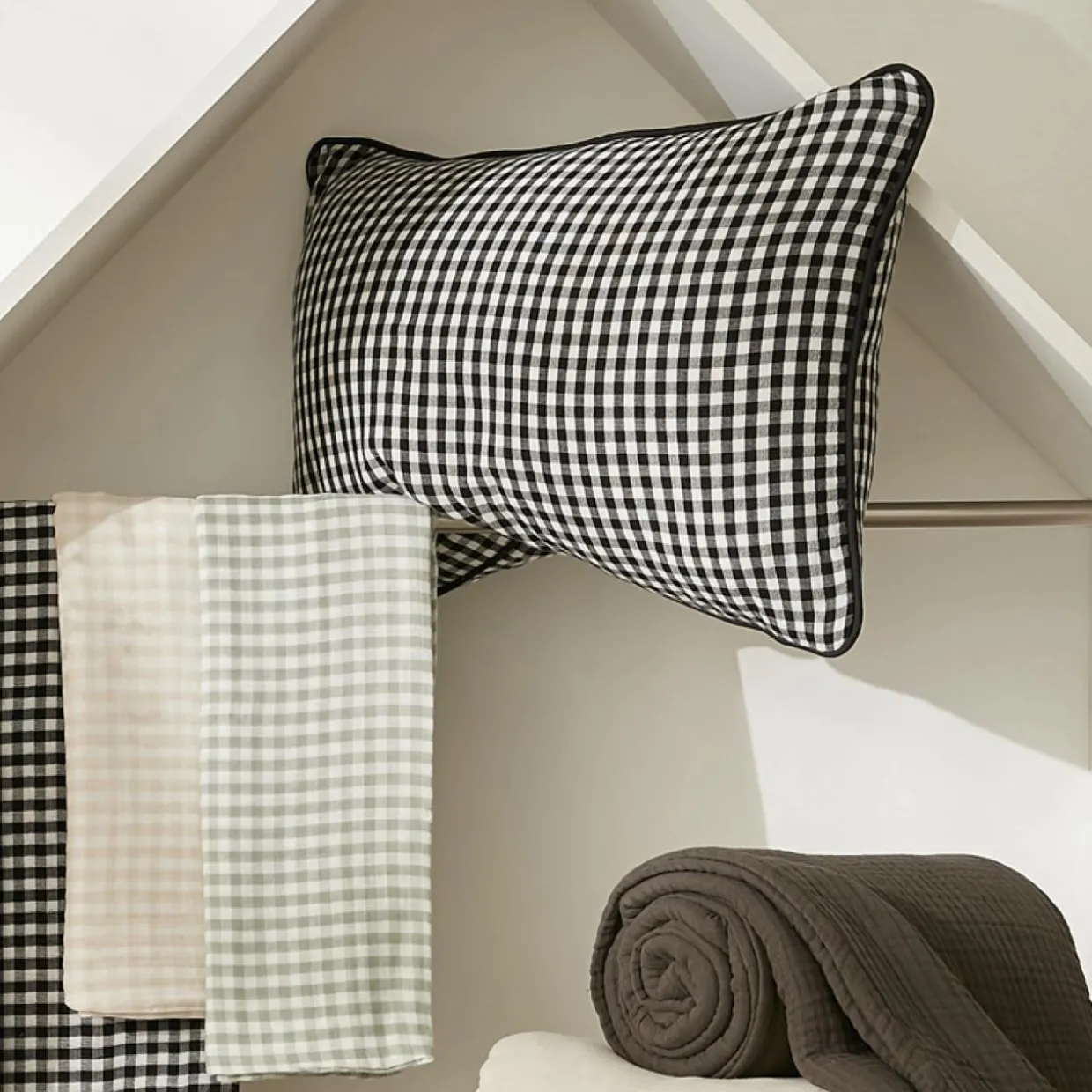 Coussin carré gaze de coton (45 x 45 cm) Gaïa vichy Beige