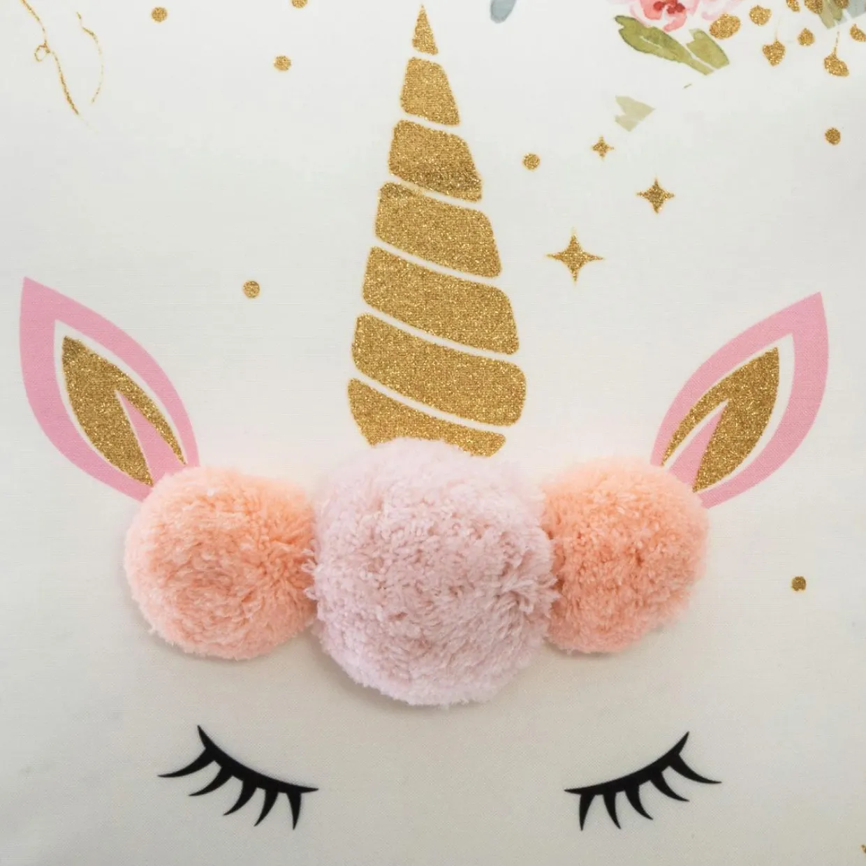 Coussin enfant carré (40 x 40 cm) Licorne Pompons Multicolore