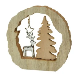 Décoration en bois (H14 cm) Renne et sapin Bois blond