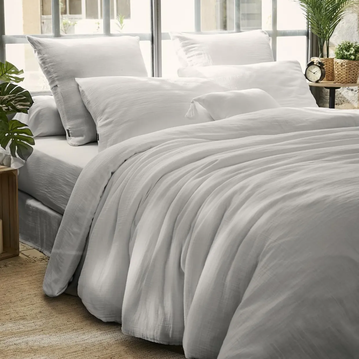 Drap housse gaze de coton (140 x 200 cm) Gaïa Gris nuage