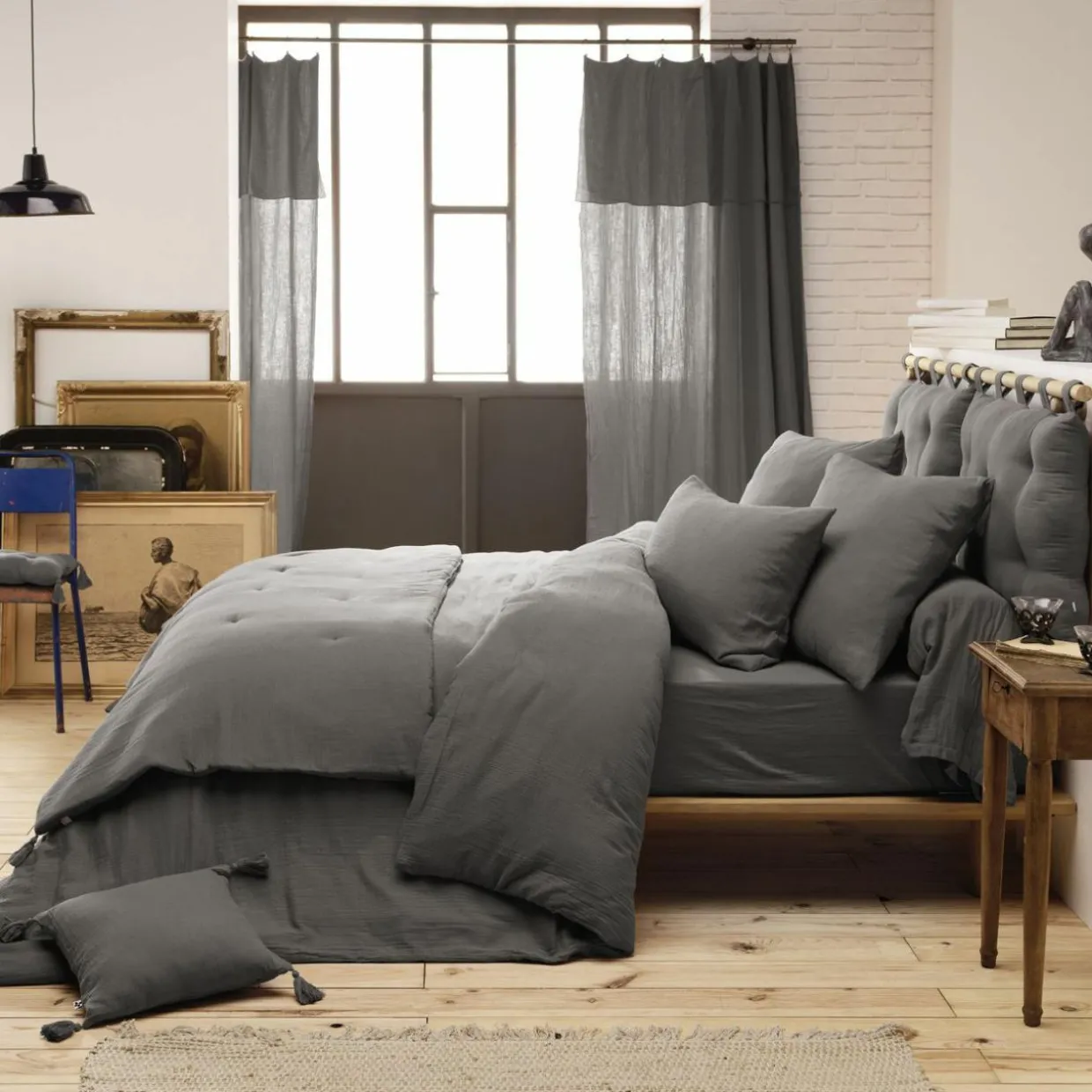 Drap housse gaze de coton (160 x 200 cm) Gaïa Gris granit