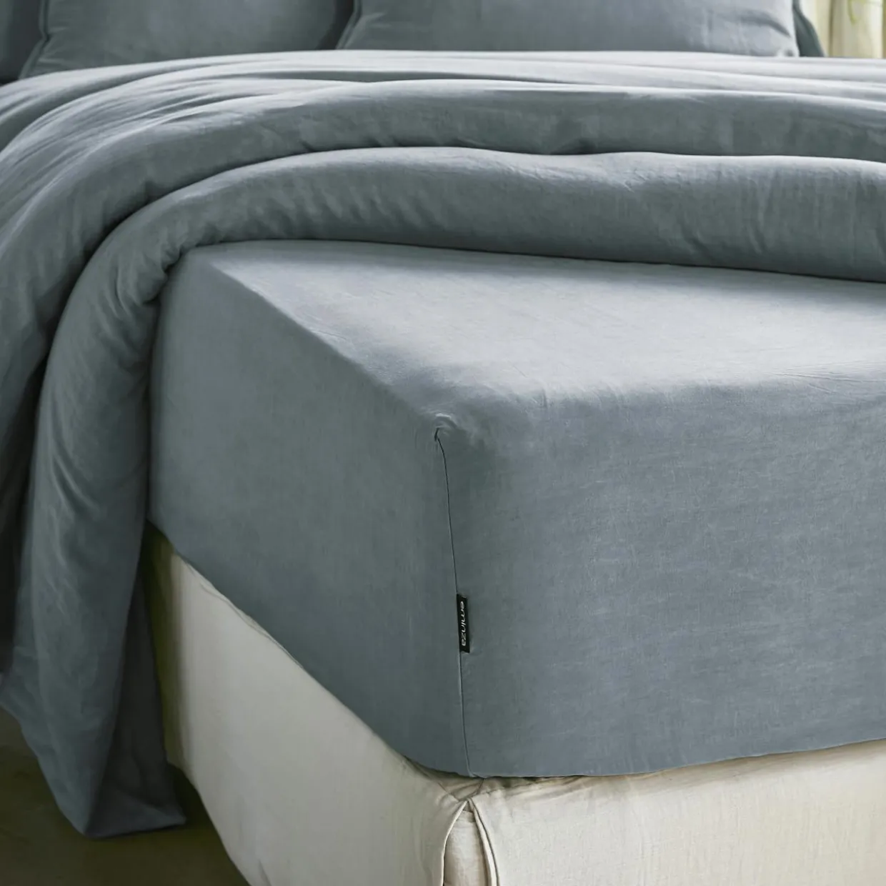 Drap housse lyocell Tencel™ lavé (200 x 200 cm) Olivia Bleu stone