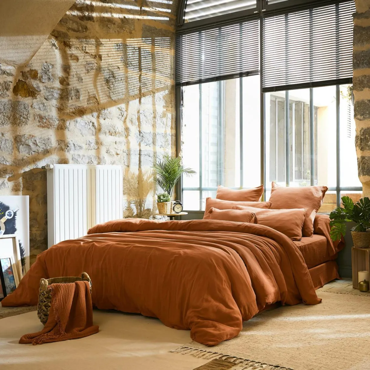 Drap plat gaze de coton (240 x 300 cm) Gaïa Abricot