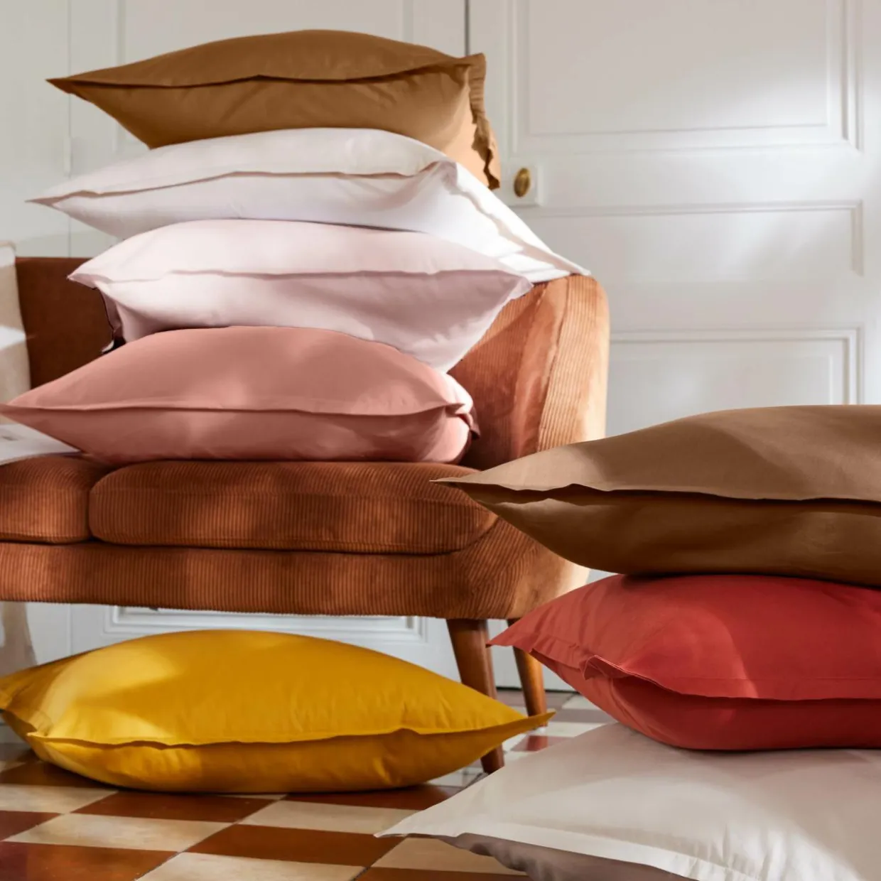 Drap plat percale de coton (240 x 300 cm) Cali Rose pêche