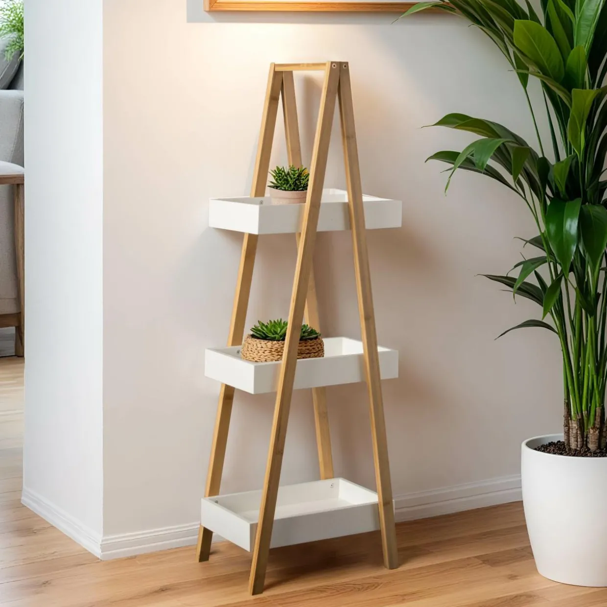 Etagère bois et bambou (H84 cm) Pyramide 3 niveaux Blanche