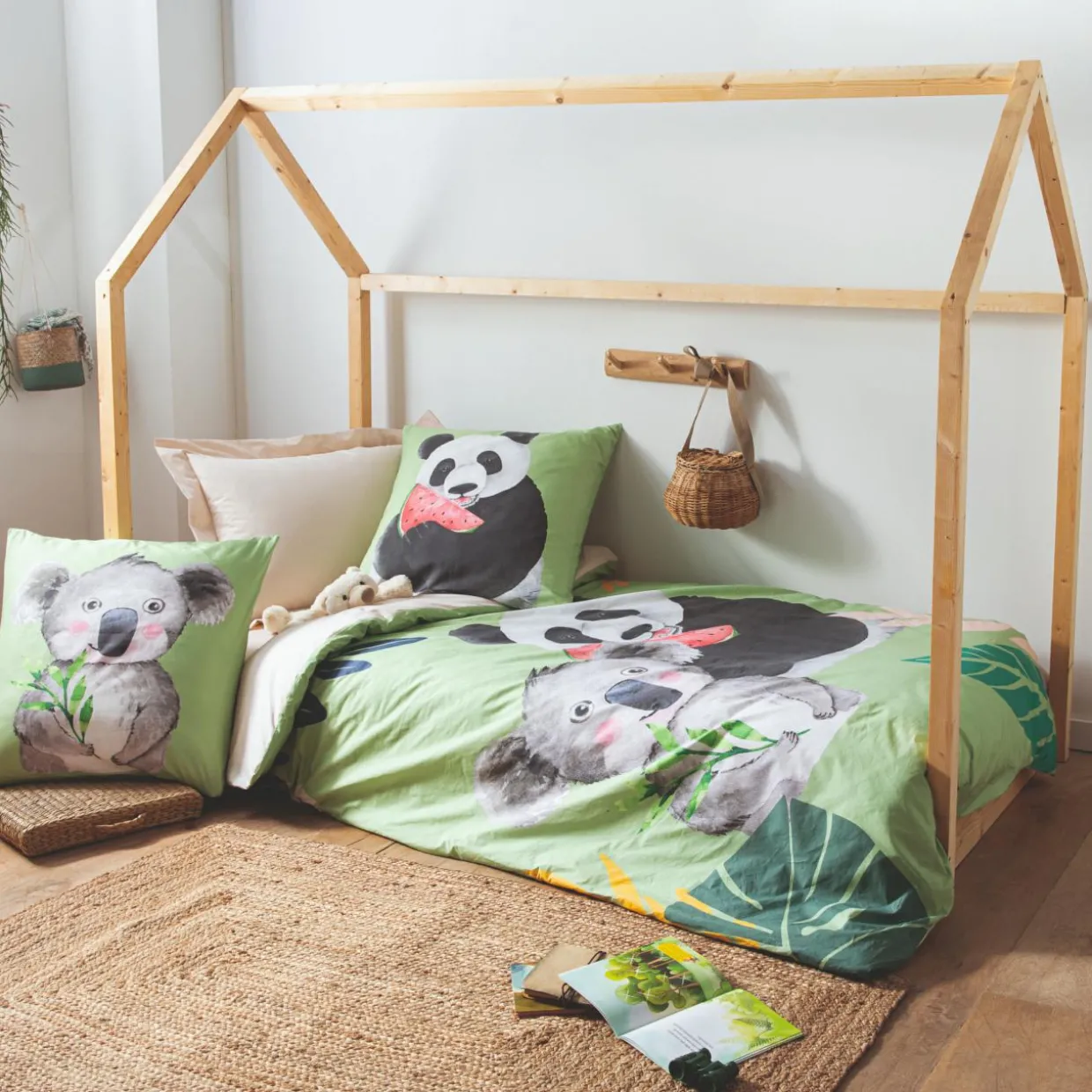 Housse de couette enfant percale de coton (200 x 200 cm) Panda Verte