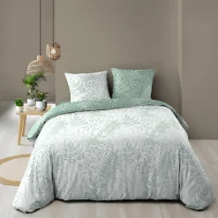 Housse de couette et deux taies coton (240 x 220 cm) Cassia Vert sauge