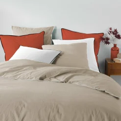 Housse de couette et deux taies coton lavé (240 x 220 cm) Linette Beige
