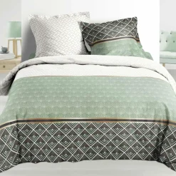 Housse de couette et deux taies percale de coton (240 x 220 cm) Belor Verte