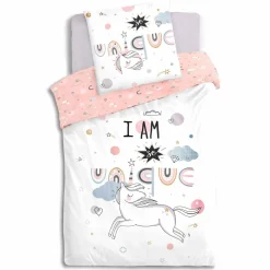 Housse de couette et une taie enfant coton (140 x 200 cm) Licorne Rose