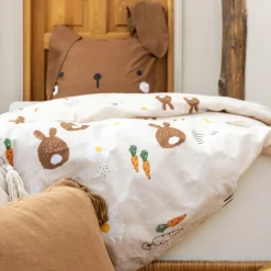 Housse de couette et une taie enfant coton (140 x 200 cm) Pompon Marron