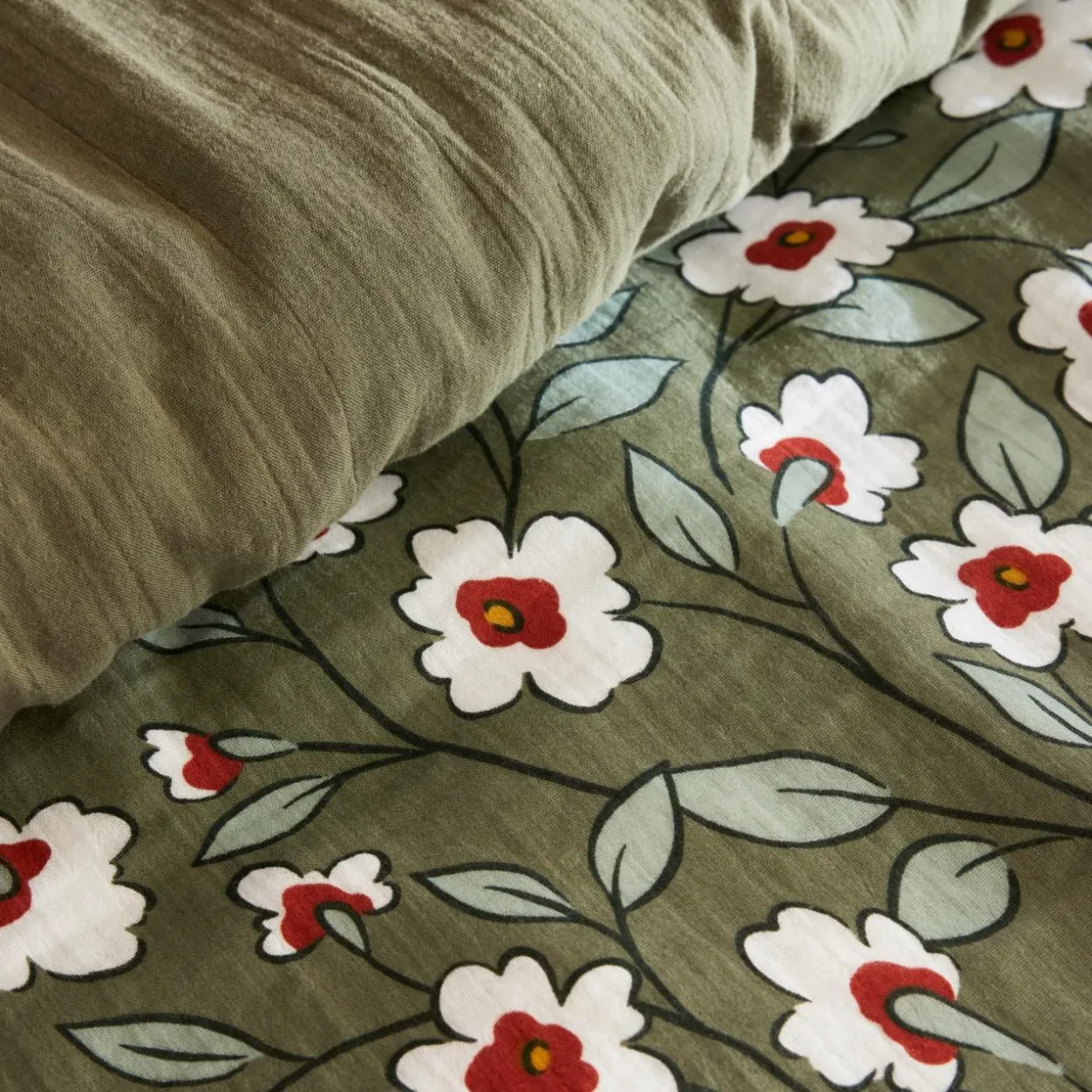 Housse de couette gaze de coton (260 x 240 cm) Gaïa marguerite Vert romarin