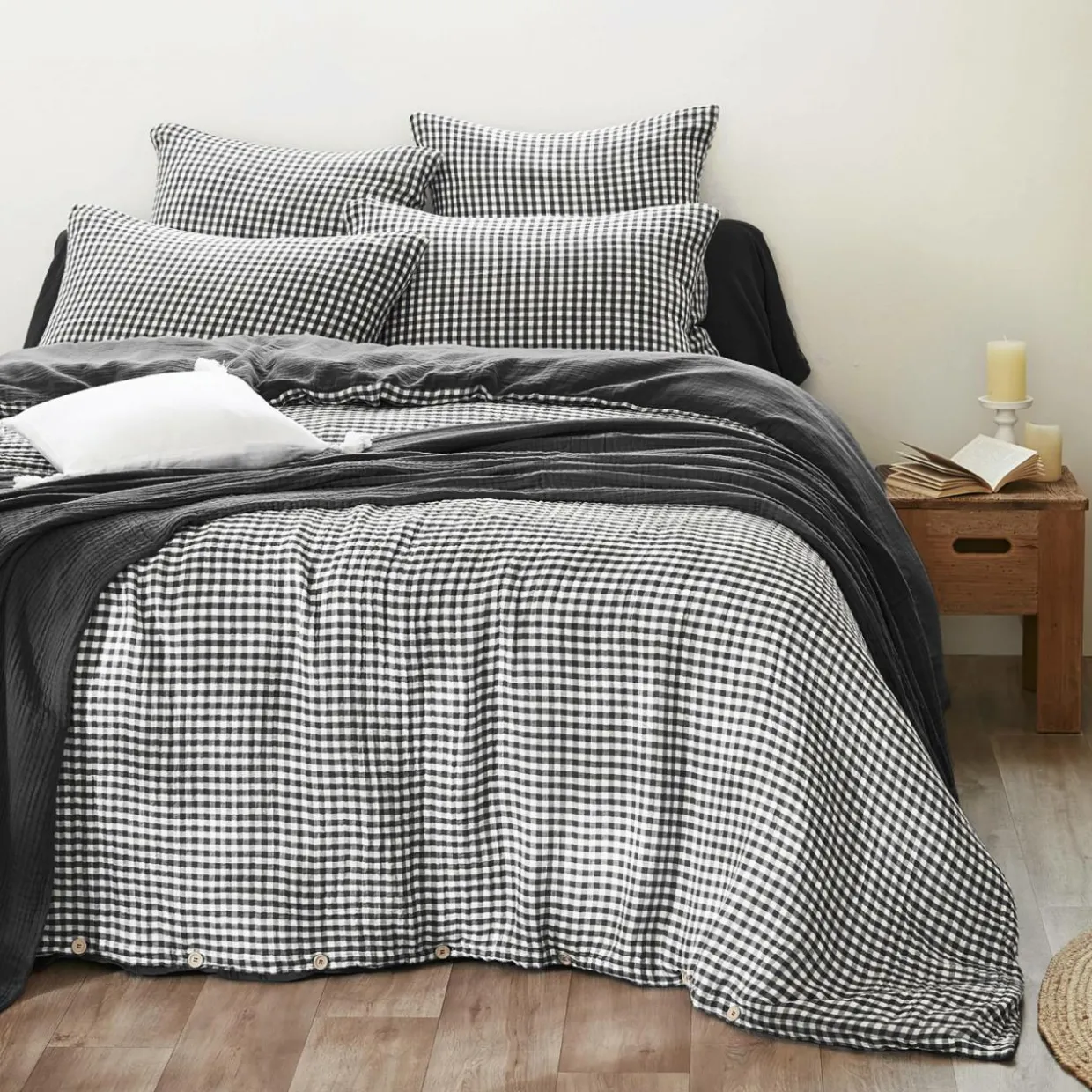 Housse de couette gaze de coton (200 x 200 cm) Gaïa vichy Noir