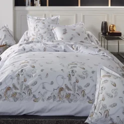 Housse de couette percale de coton (260 x 240 cm) Plumes Grise