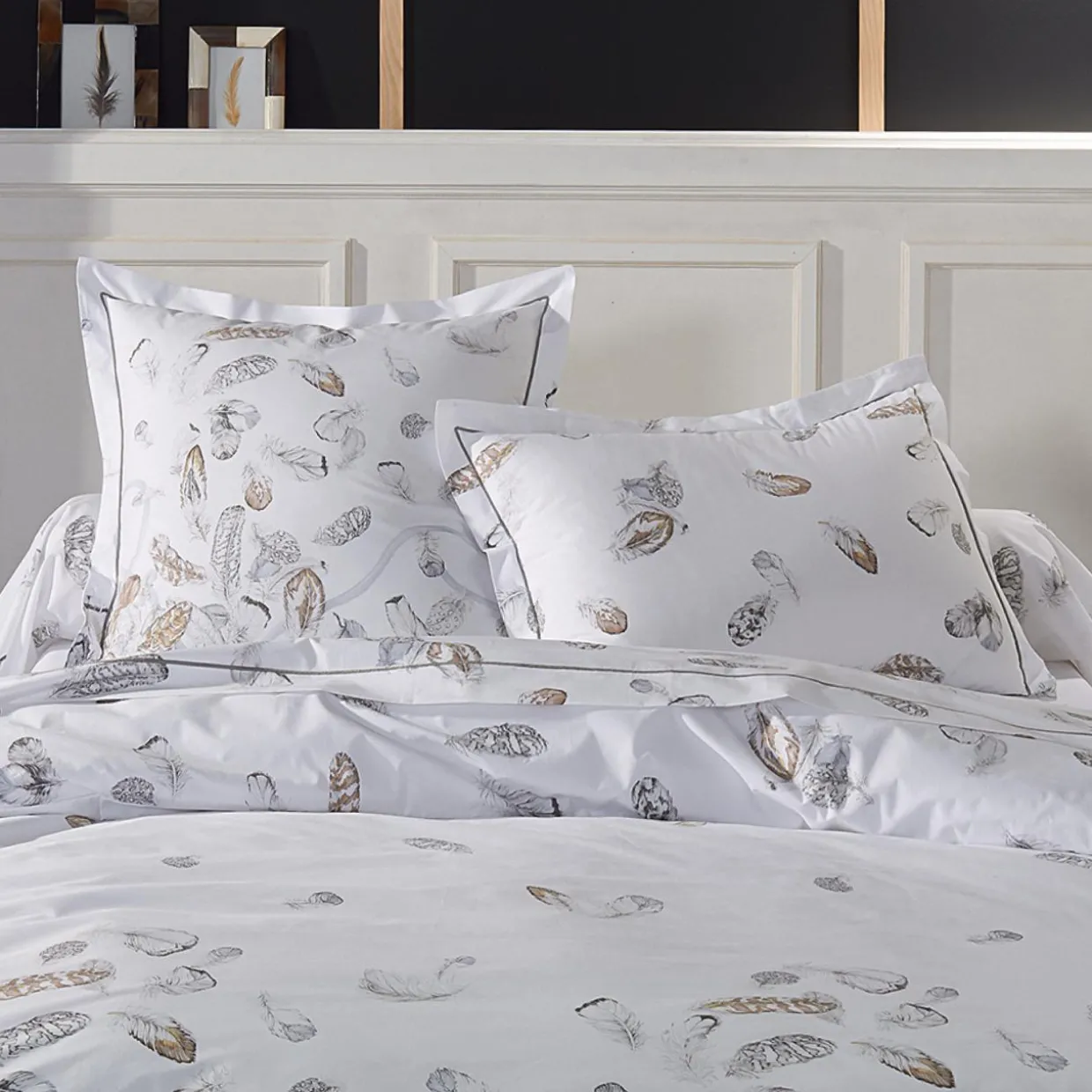 Housse de couette percale de coton (240 x 220 cm) Plumes Grise