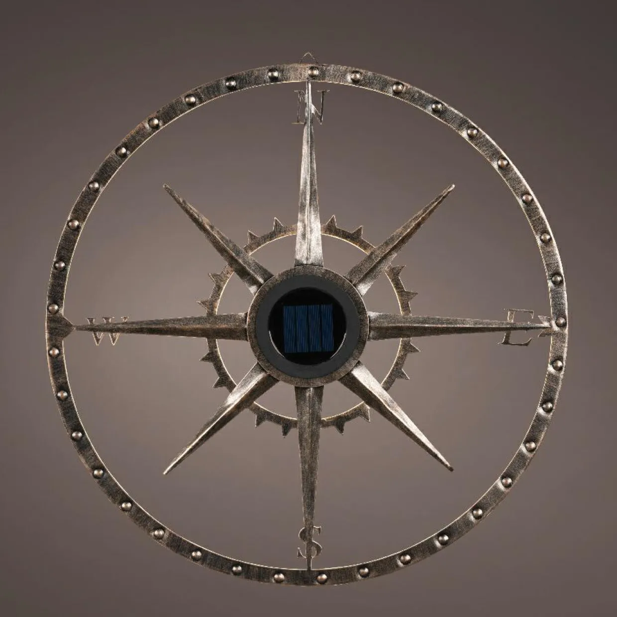 Lampe murale solaire en métal (D41 cm) Compass Or pâtiné et blanc chaud