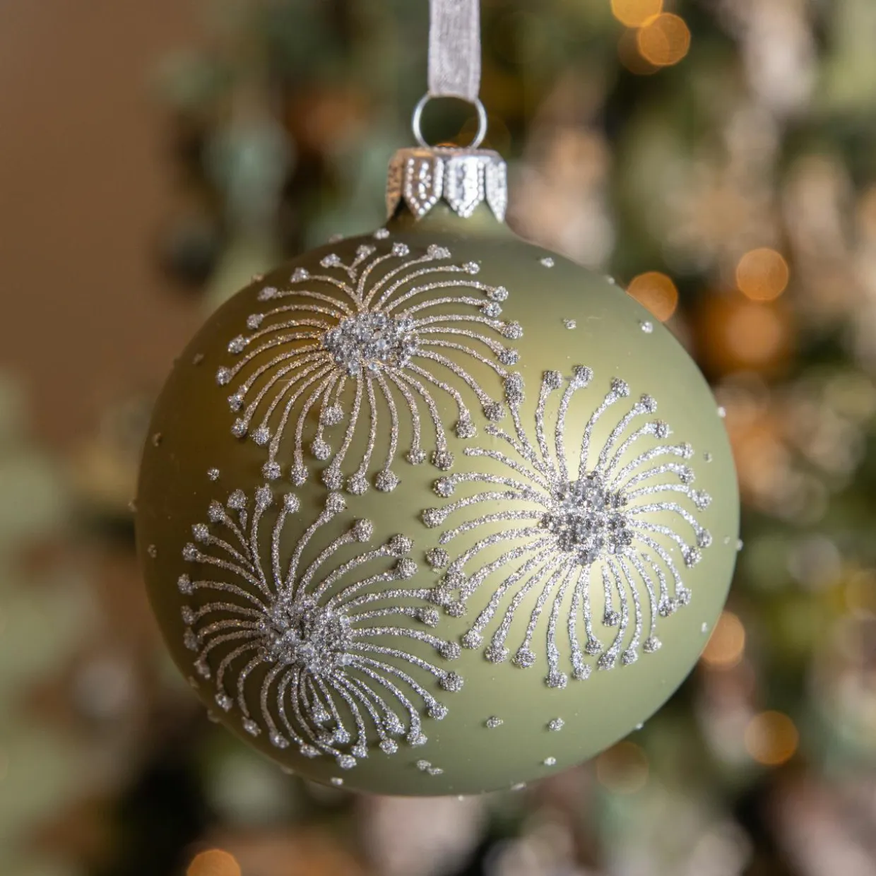 Lot de 6 boules de Noël en verre (D80 mm) Feux d'artifice Vert romarin