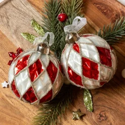 Lot de 12 boules de Noël en verre (D80 mm) Damiers Rouge et blanc