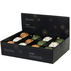 Lot de 12 boules de Noël en verre (D100 mm) Rêverie Blanc laine, Cognac et Vert romarin