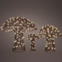 Lot de 3 champignons lumineux 260 Micro LED (H45 cm) Résine tressée Brun/Blanc chaud