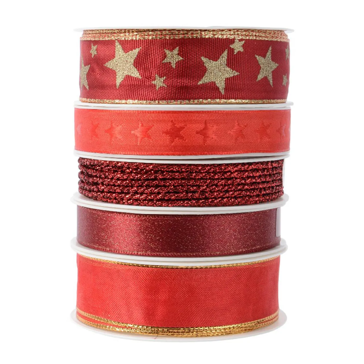 Lot de 5 rubans de Noël 3 m - Satin et étoiles Rouge