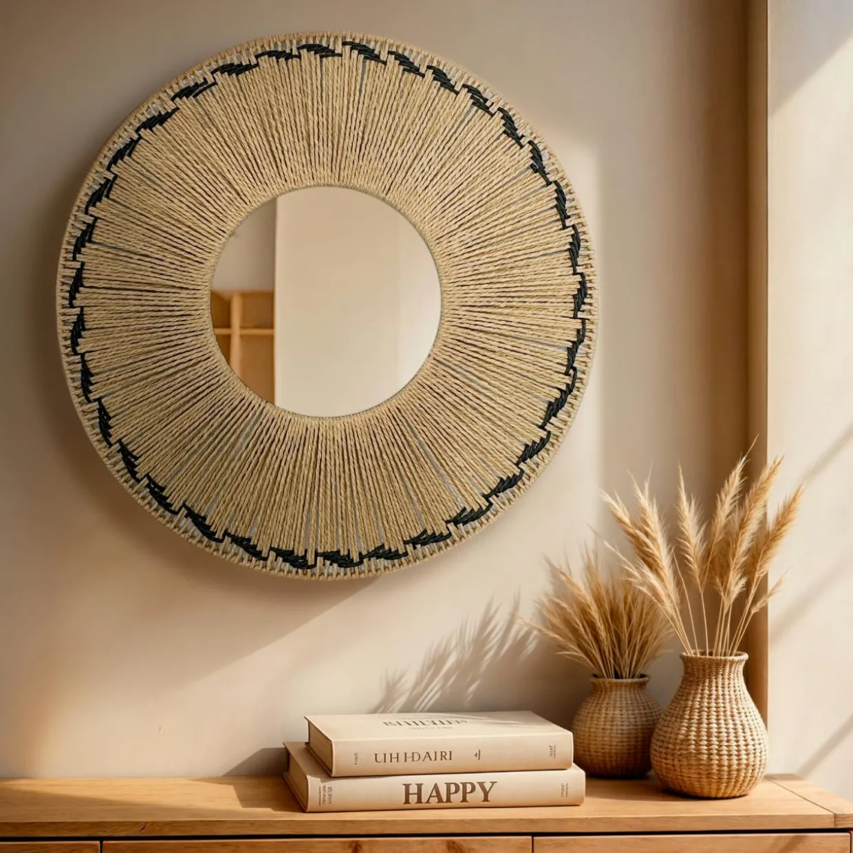 Miroir mural rond en corde (D65 cm) Tuvalu Naturel