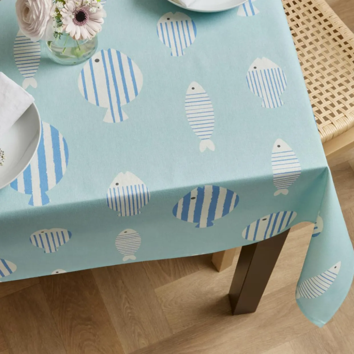 Nappe rectangulaire coton enduit (150 x 250 cm) Fish Bleue