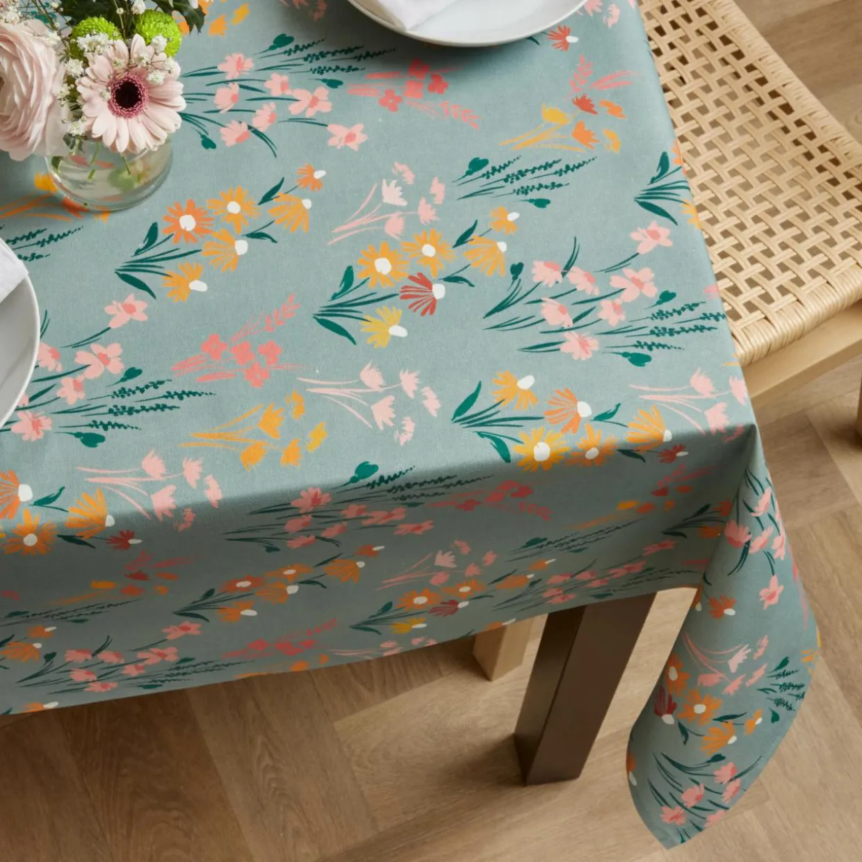 Nappe rectangulaire coton enduit (150 x 350 cm) Juliette Vert eucalyptus