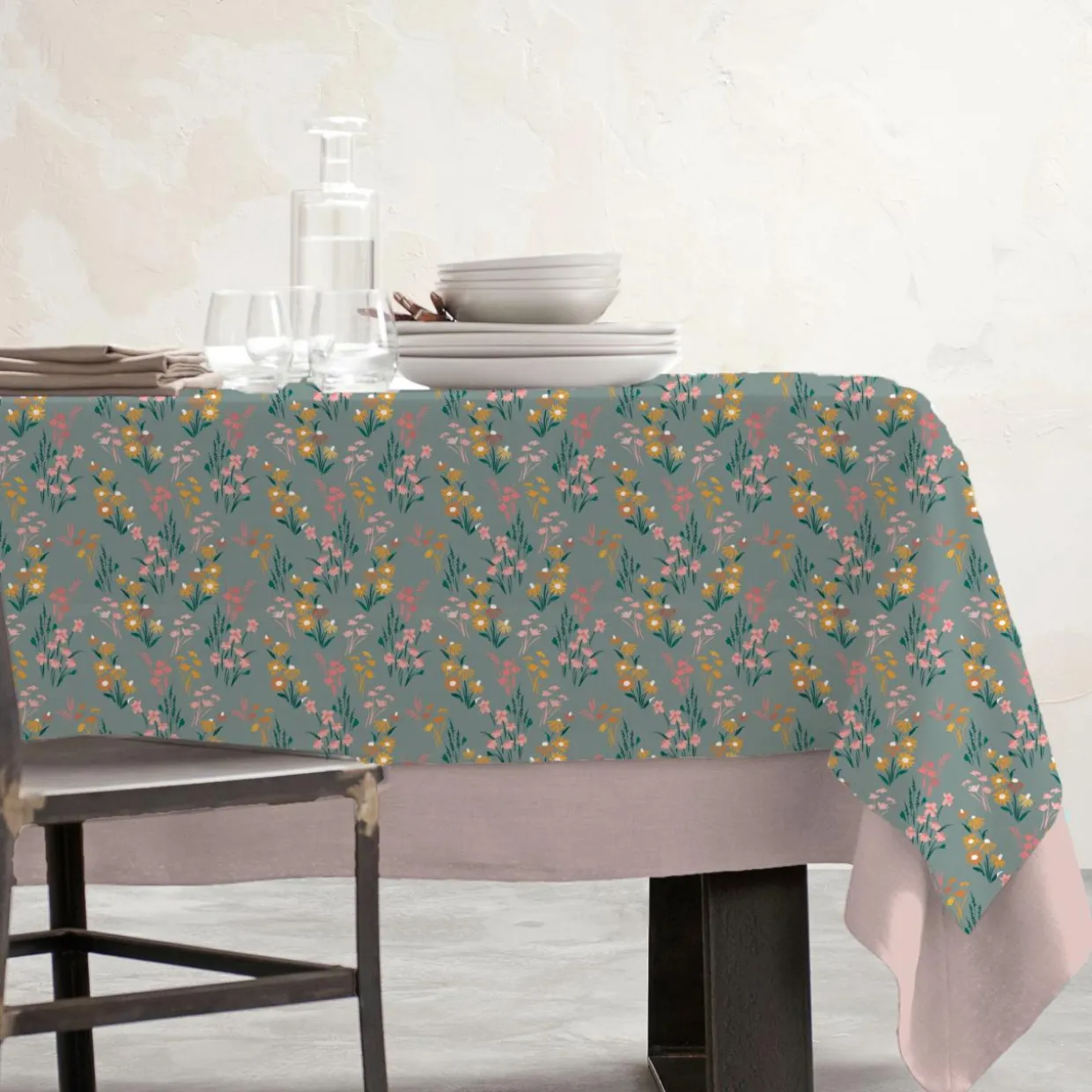 Nappe rectangulaire coton enduit (150 x 350 cm) Juliette Vert eucalyptus