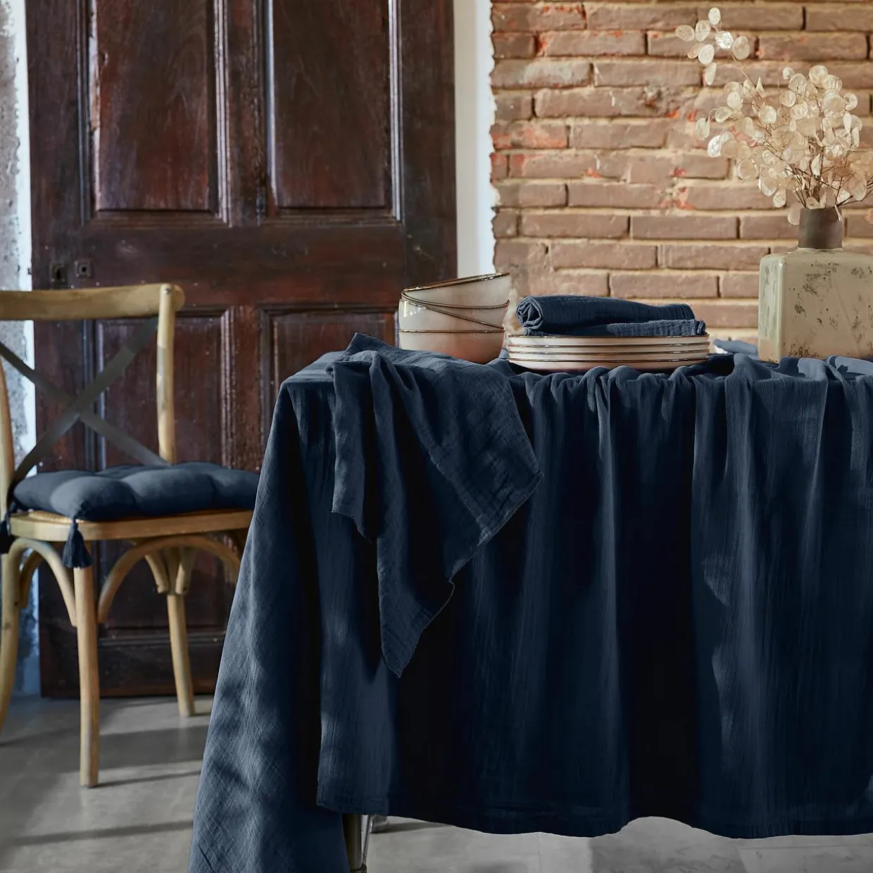 Nappe rectangulaire gaze de coton (150 x 350 cm) Gaïa Bleu nuit