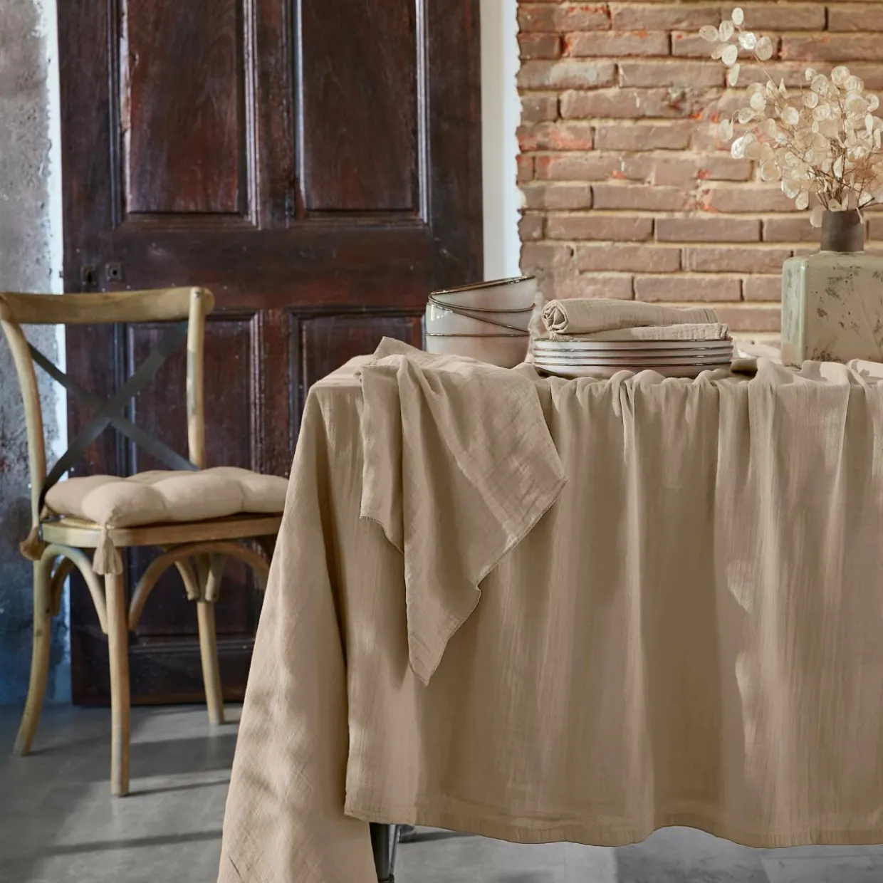 Nappe rectangulaire gaze de coton (150 x 250 cm) Gaïa Ficelle
