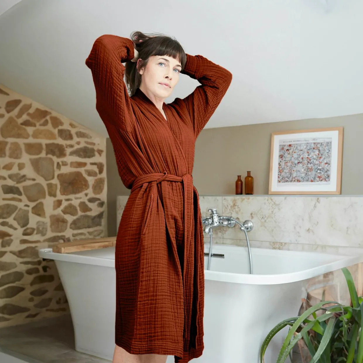 Peignoir de bain gaze de coton S/M Gaïa Terracotta