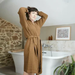Peignoir de bain gaze de coton S/M Gaïa Camel