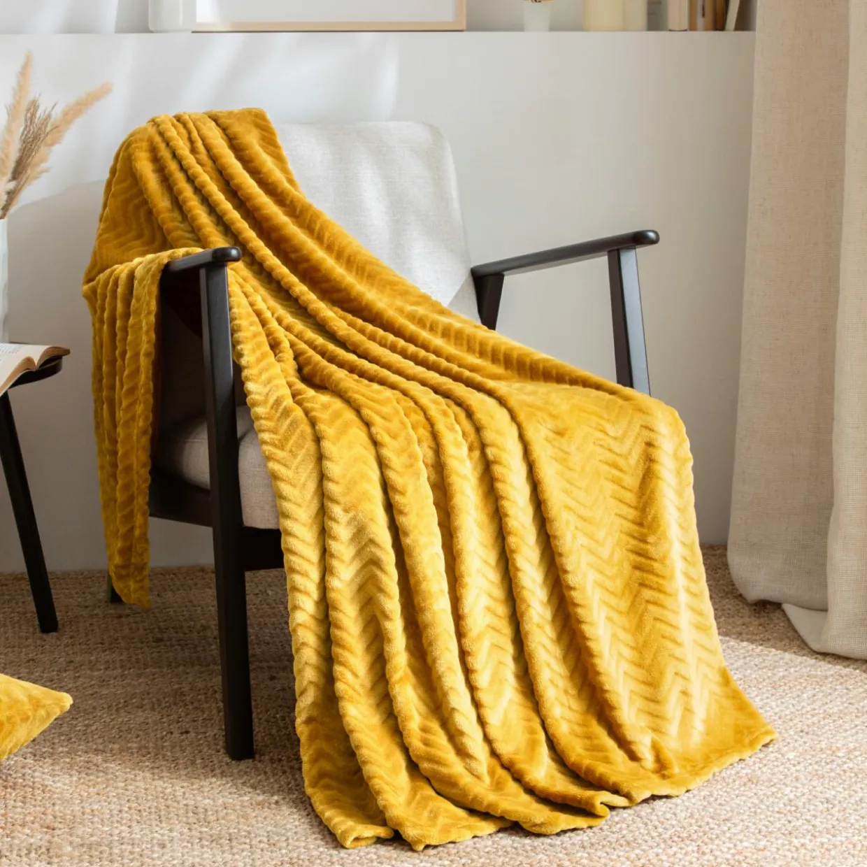 Plaid doux flanelle (130 x 180 cm) Zag Jaune moutarde
