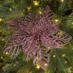 Poinsettia de Noël paillettes sur clip (D23 cm) Rose poudré