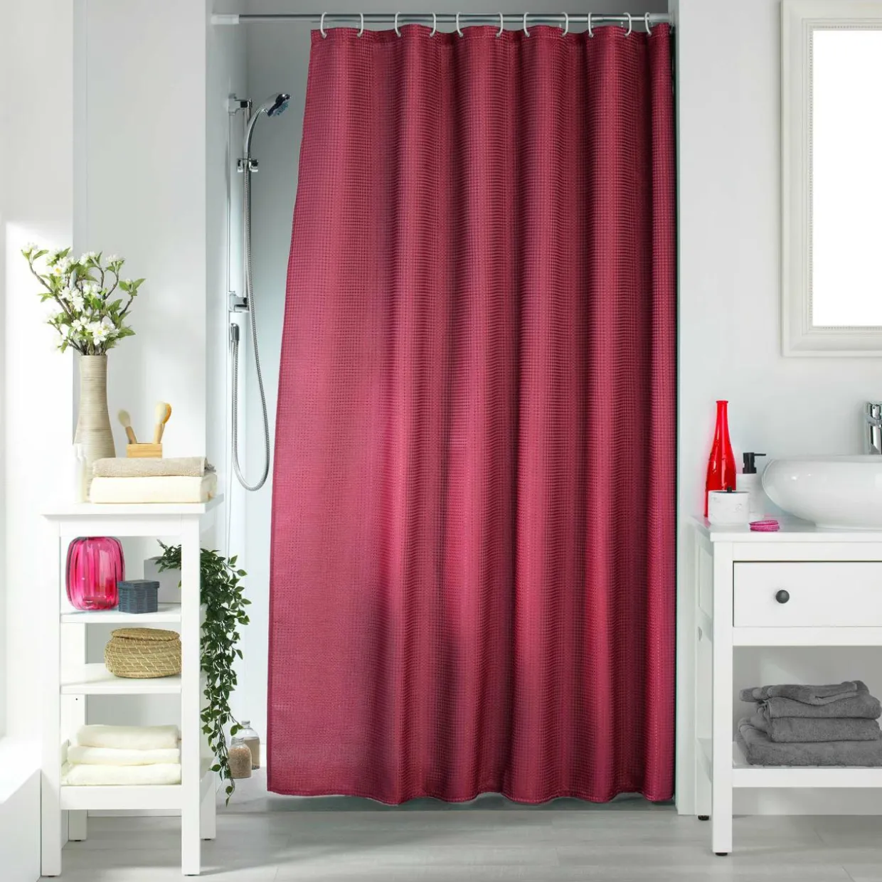 Rideau de douche effet tissé à anneaux (180 x 200 cm) Quartz Rose framboise
