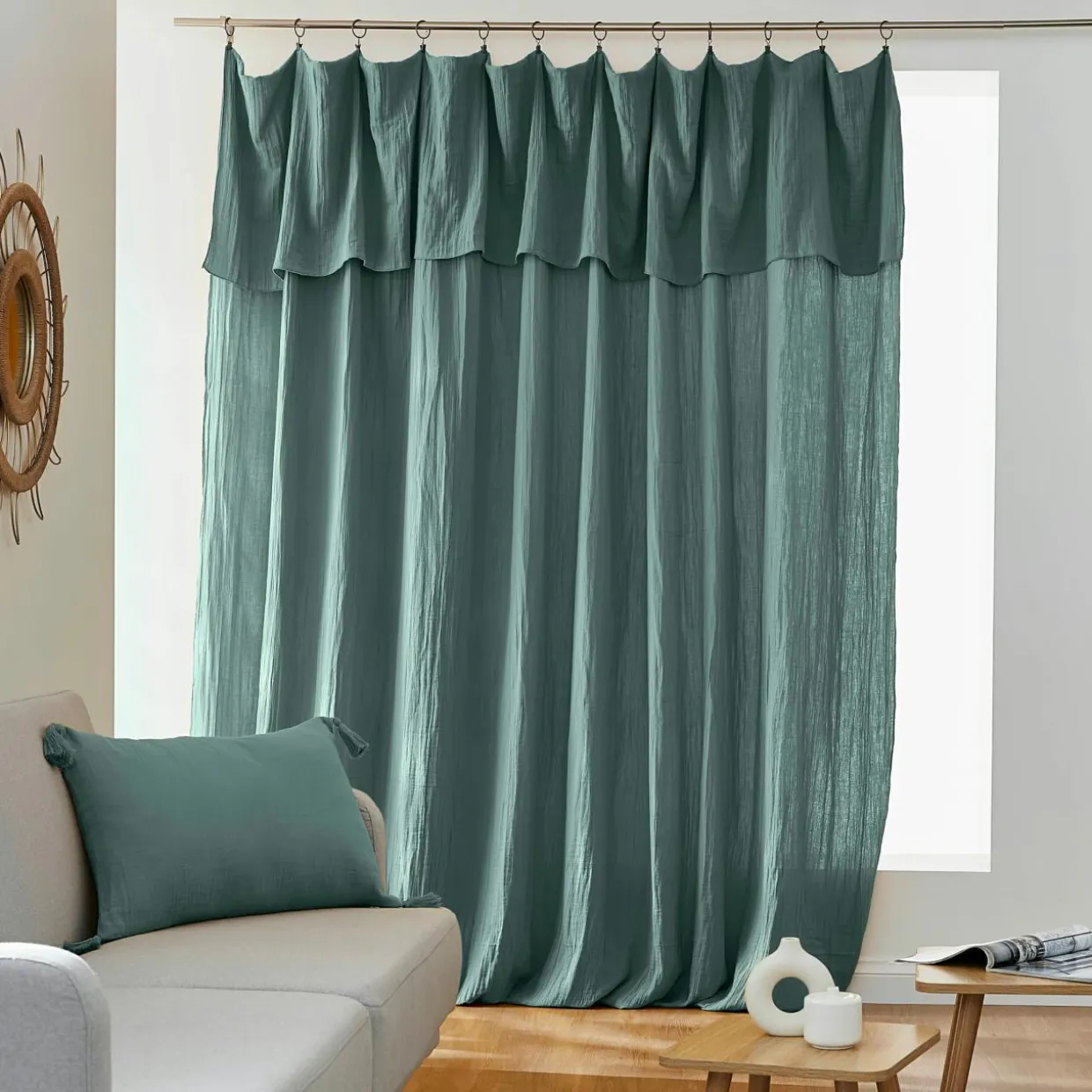 Rideau gaze de coton ajustable (280 x max 300 cm) Gaïa Bleu canard