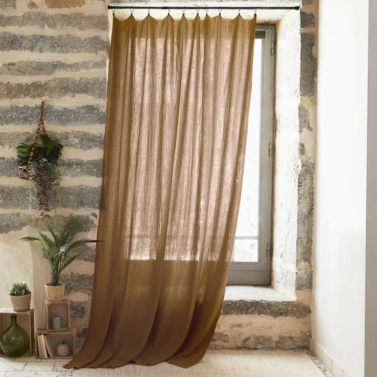 Rideau gaze de coton ajustable (140 x max 300 cm) Gaïa Camel