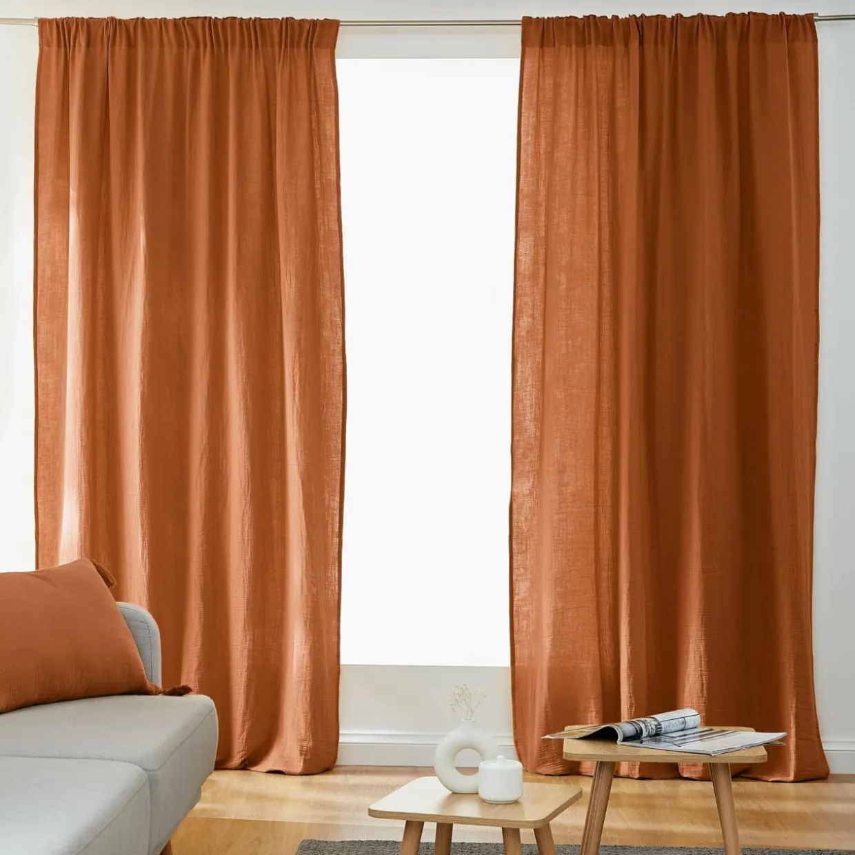 Rideau gaze de coton galon fronceur (140 x 240 cm) Gaïa Abricot