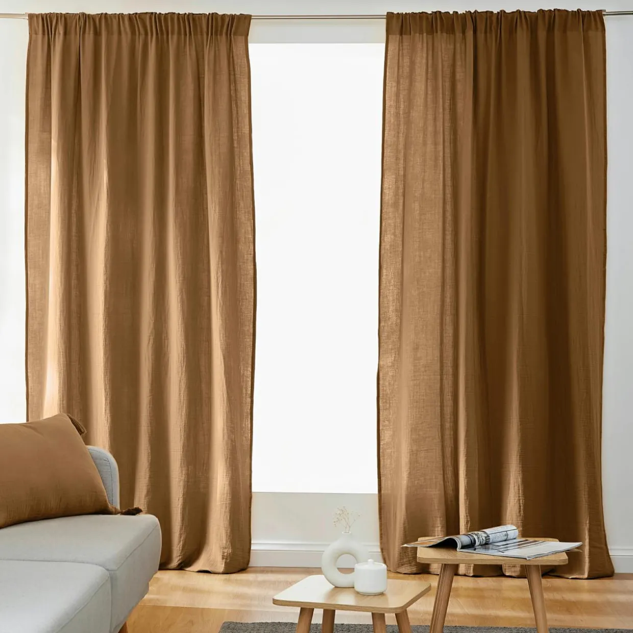 Rideau gaze de coton galon fronceur (140 x 240 cm) Gaïa Camel