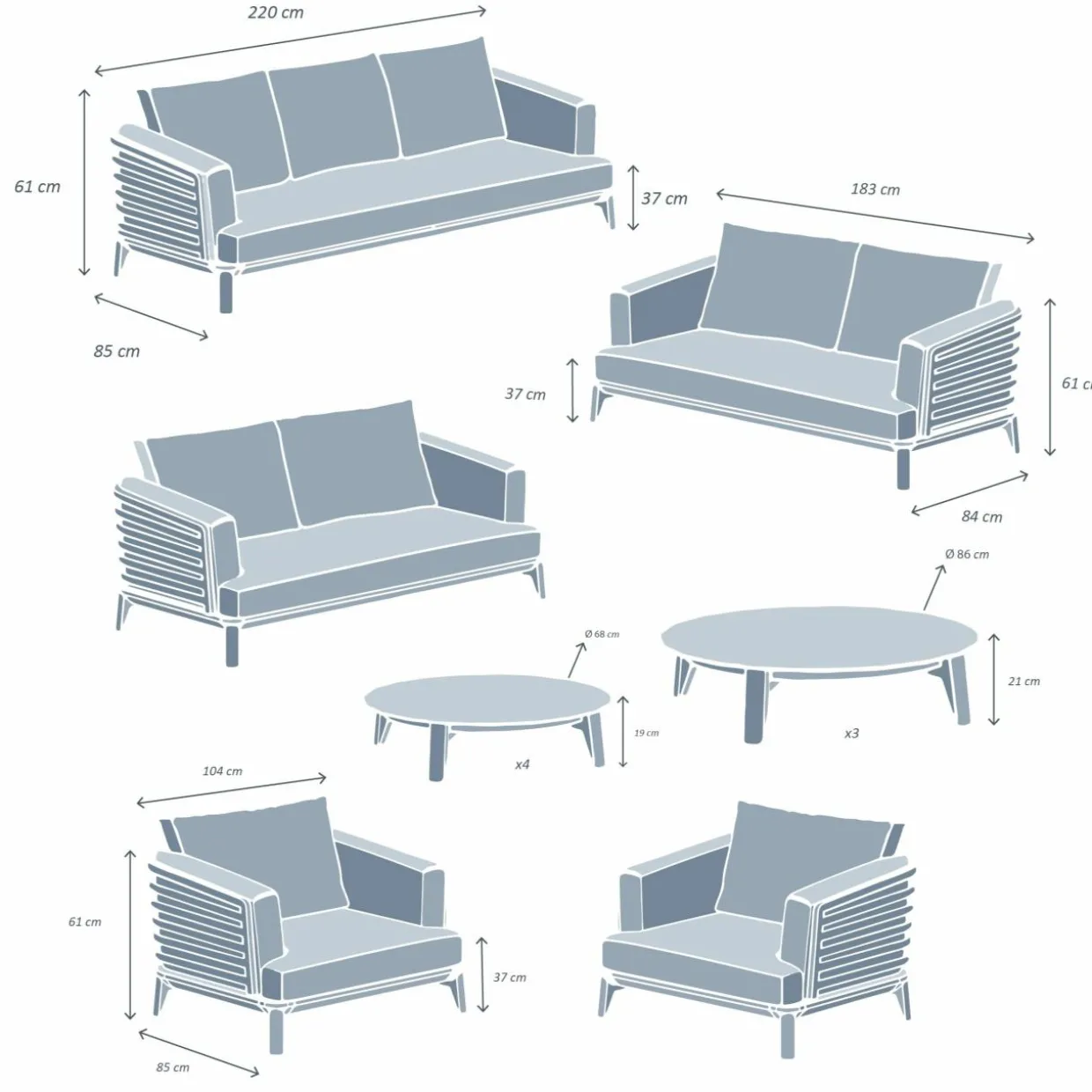 Salon de jardin aluminium 9 places 12 pcs Monte Carlo Gris anthracite