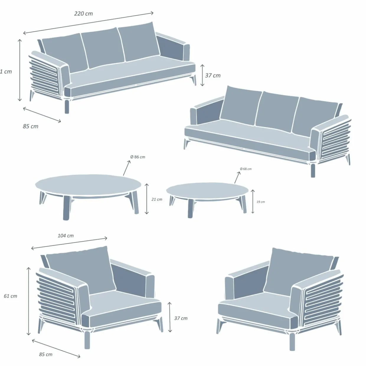 Salon de jardin aluminium 8 places 6 pcs Monte Carlo Blanc et beige
