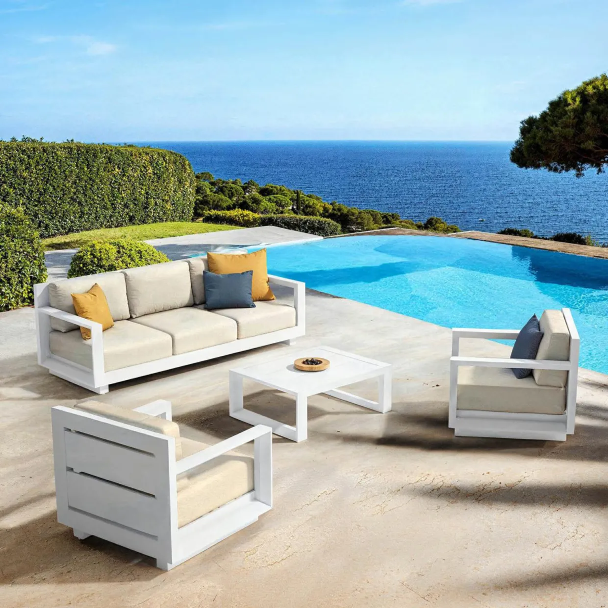 Salon de jardin aluminium 5 places 4 pcs Elba Blanc et beige